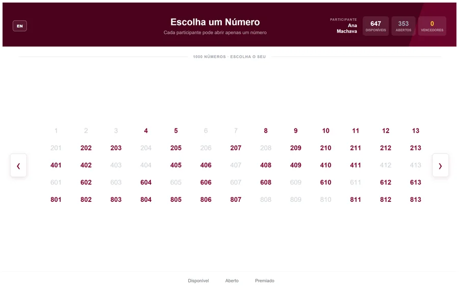 Grelha de números disponíveis e abertos